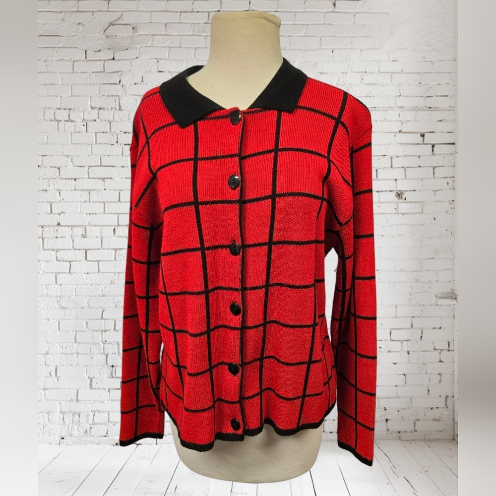 VTG Willow Ridge Petite Knit Cardigan Sweater Red & Black Windowpane Pattern